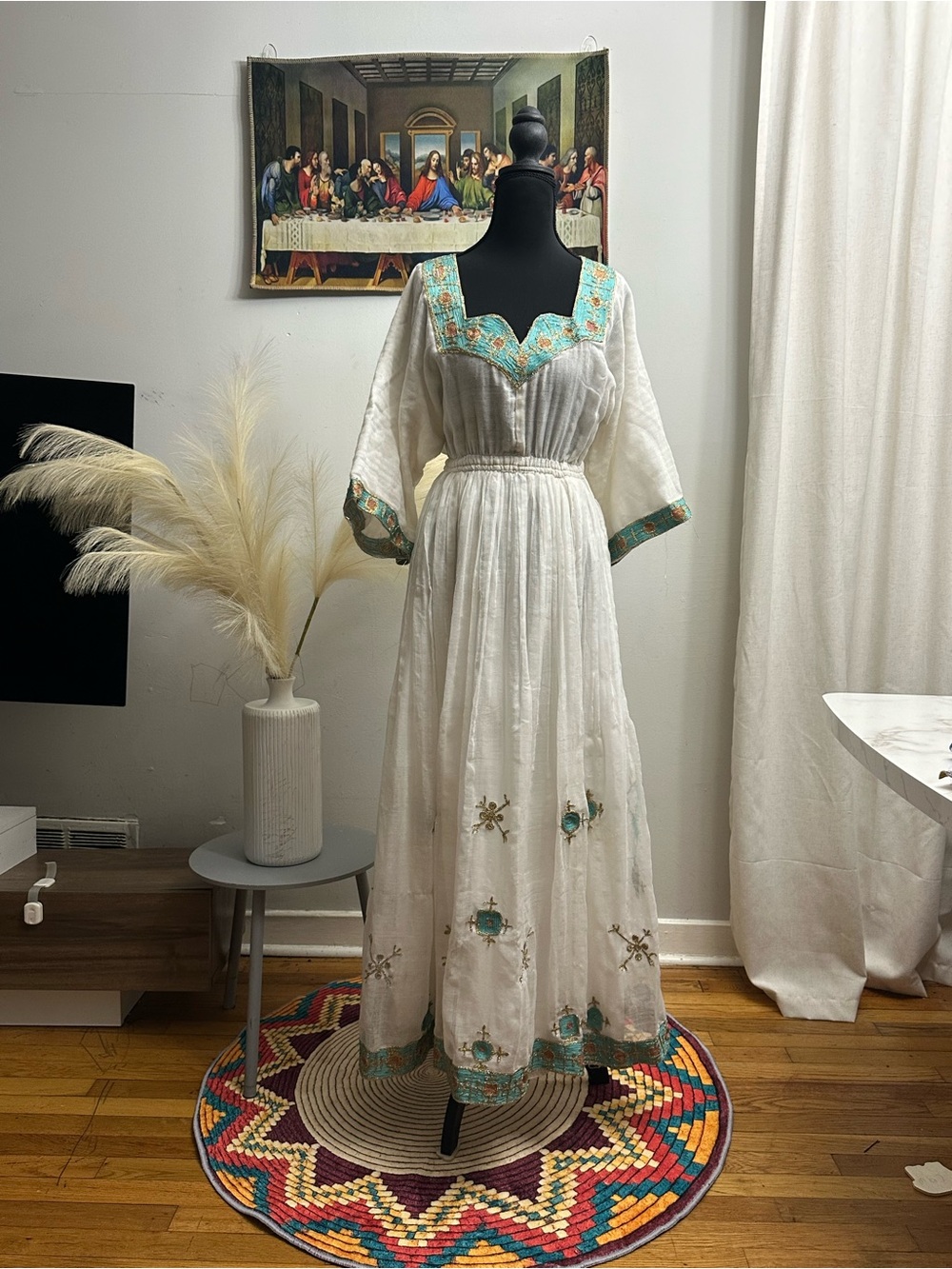 Ethiopian Eritrean handmade Dress with Teal Accents
